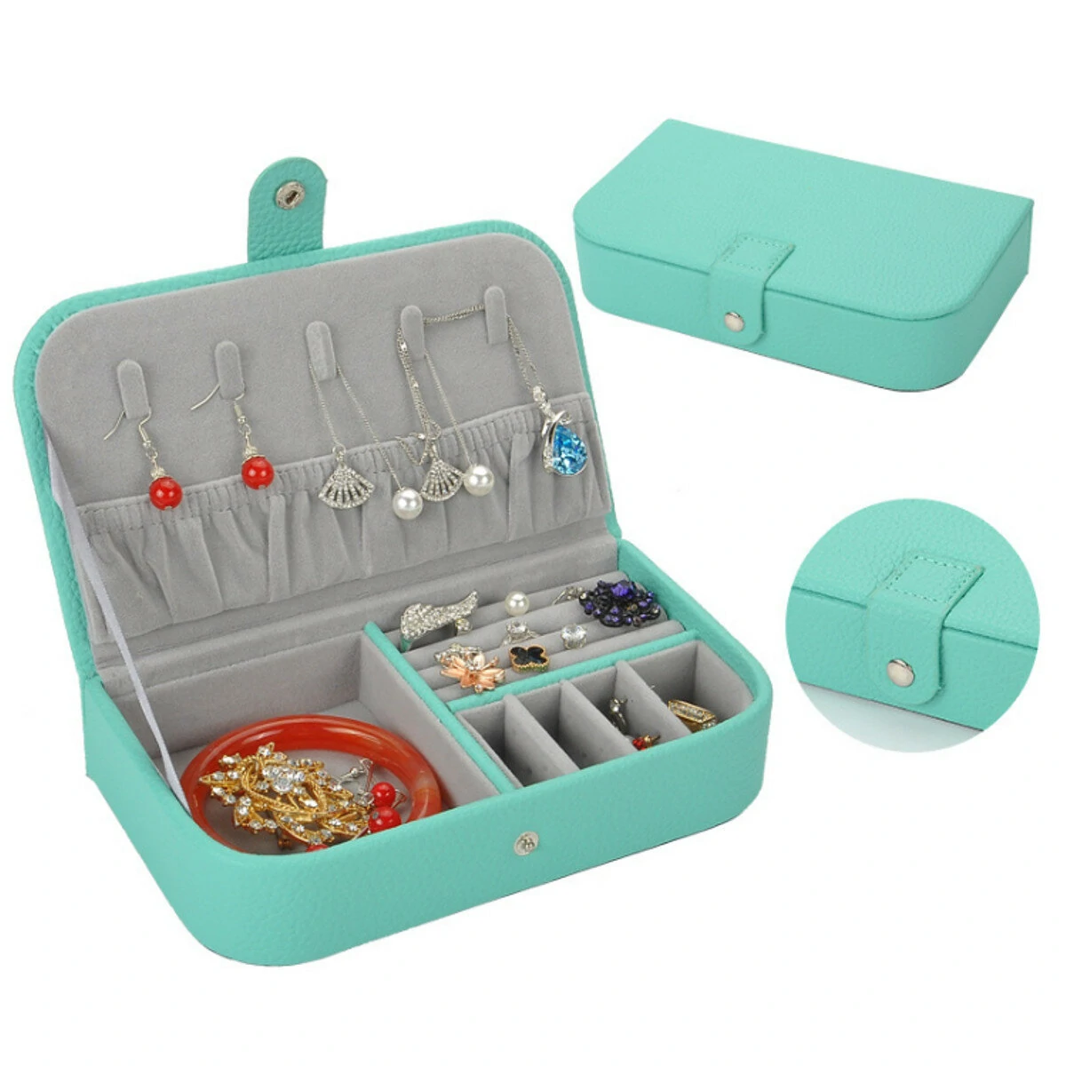 Litchi Pattern Leather Jewelry Box | Portable Monolayer Earrings Storage Case & Travel Organizer - Image 5