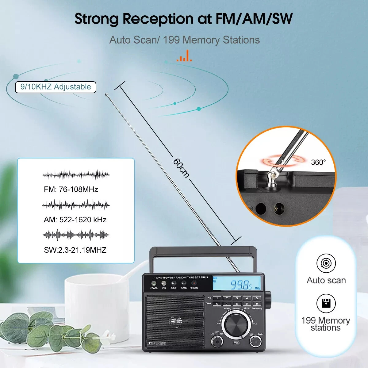 Retekess TR629 Portable AM/FM/SW Radio - Digital Recorder & Alarm Clock - Image 3