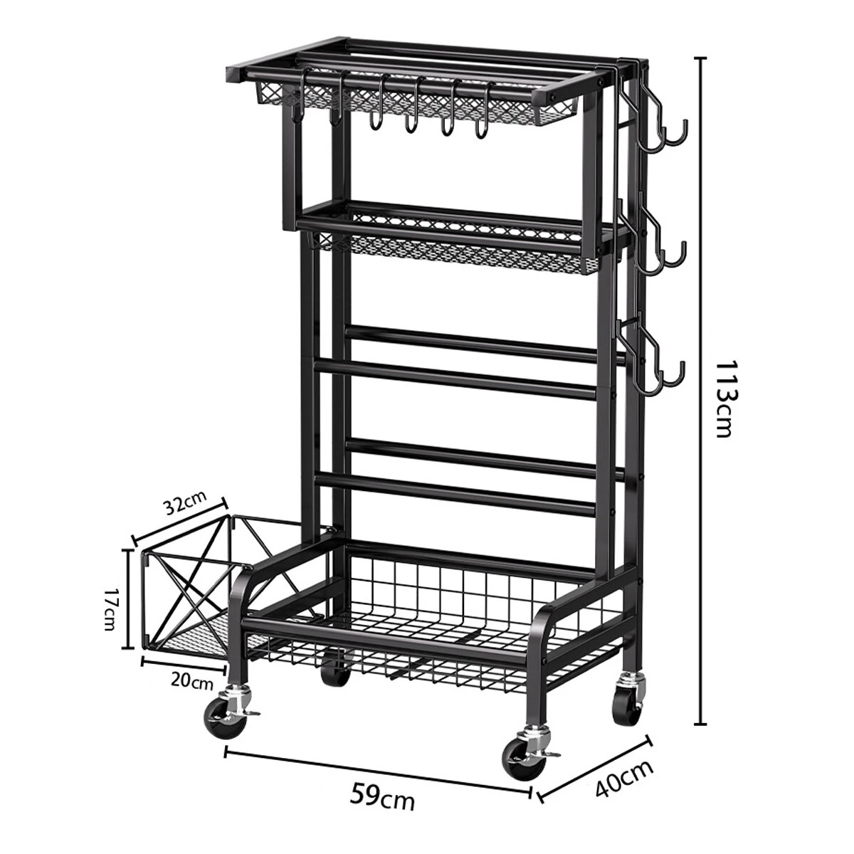 Carbon Steel 4 Tier Storage Rack | 59x40x113cm Black | Rolling Shelves with Anti-Rust Coating - Image 2