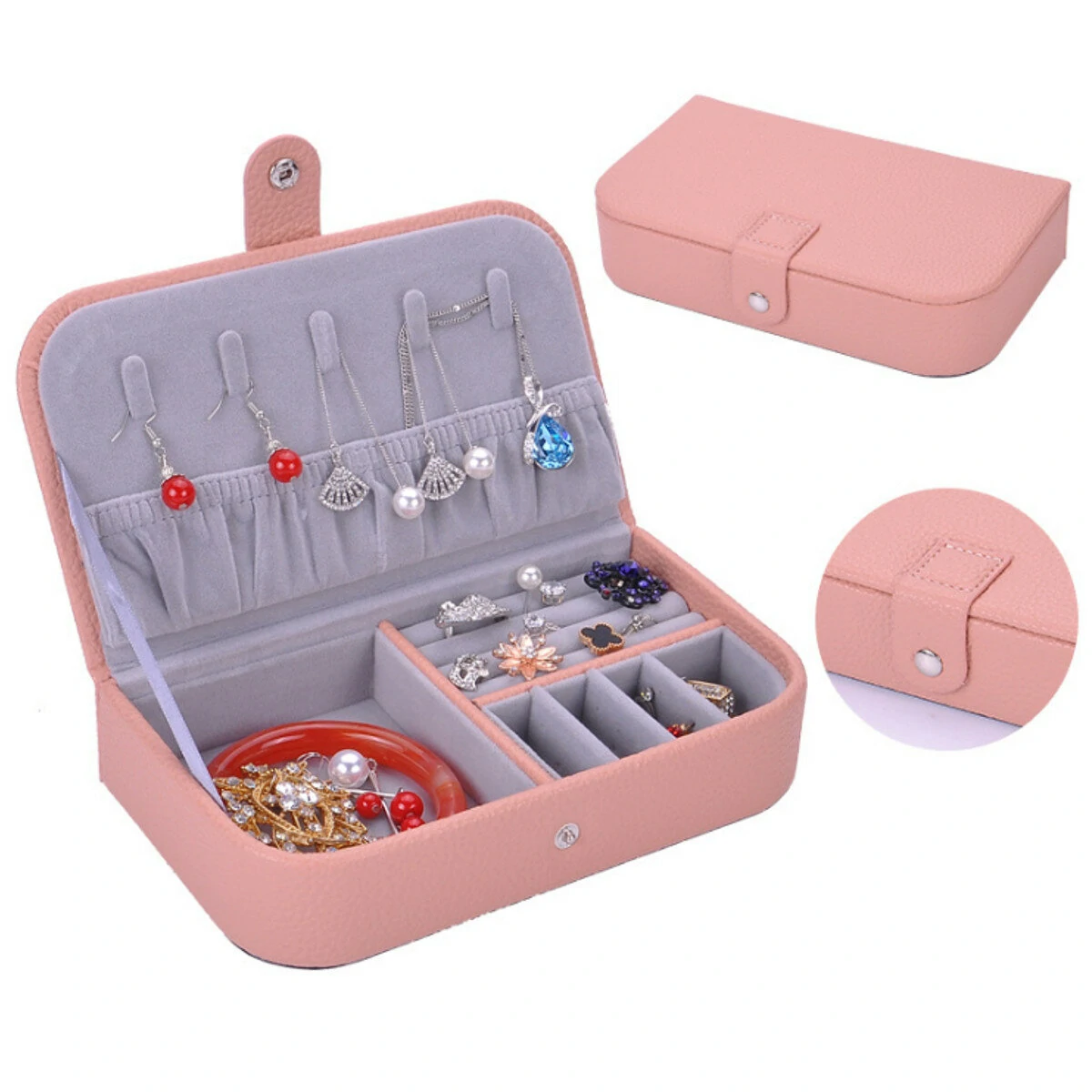 Litchi Pattern Leather Jewelry Box | Portable Monolayer Earrings Storage Case & Travel Organizer - Image 3