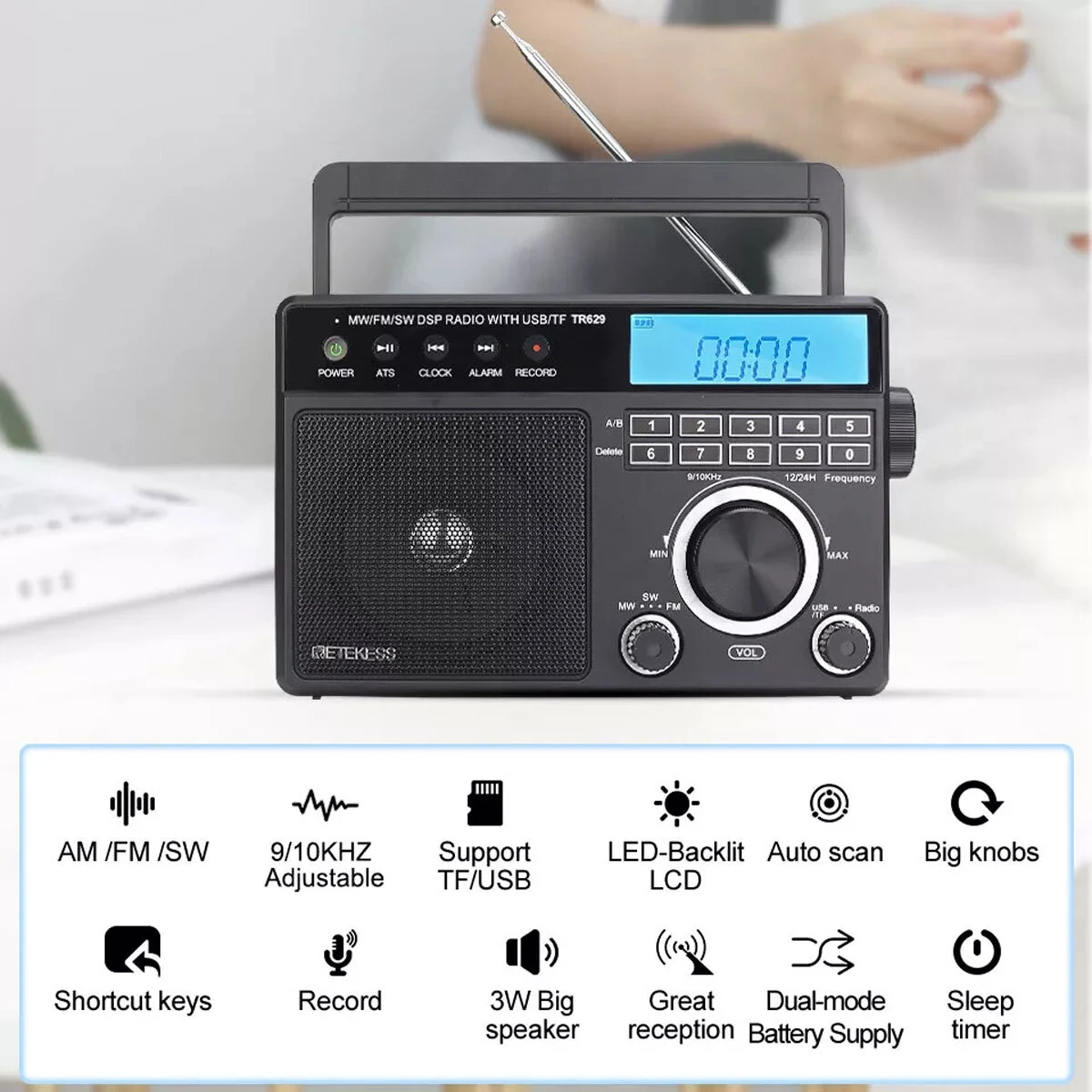 Retekess TR629 Portable AM/FM/SW Radio - Digital Recorder & Alarm Clock - Image 2