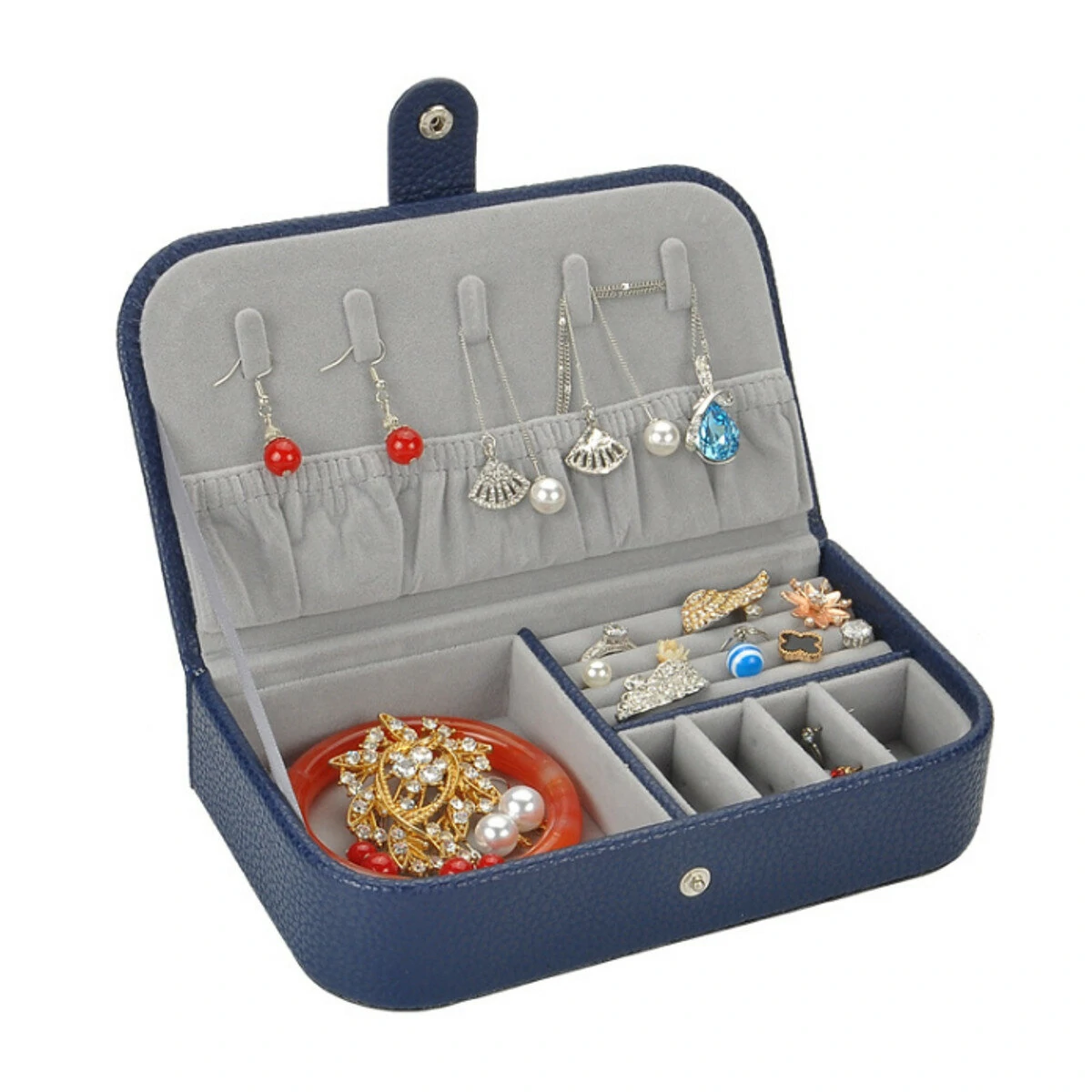 Litchi Pattern Leather Jewelry Box | Portable Monolayer Earrings Storage Case & Travel Organizer - Image 2