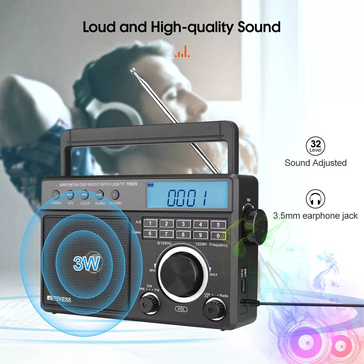 Retekess TR629 Portable AM/FM/SW Radio - Digital Recorder & Alarm Clock - Image 5