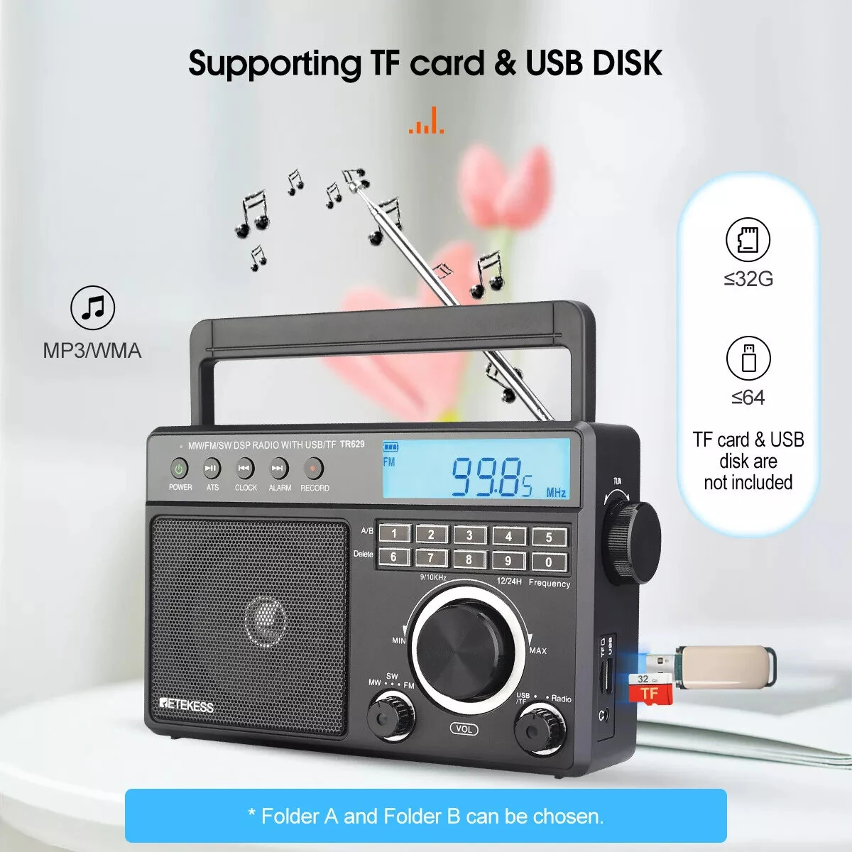 Retekess TR629 Portable AM/FM/SW Radio - Digital Recorder & Alarm Clock - Image 4