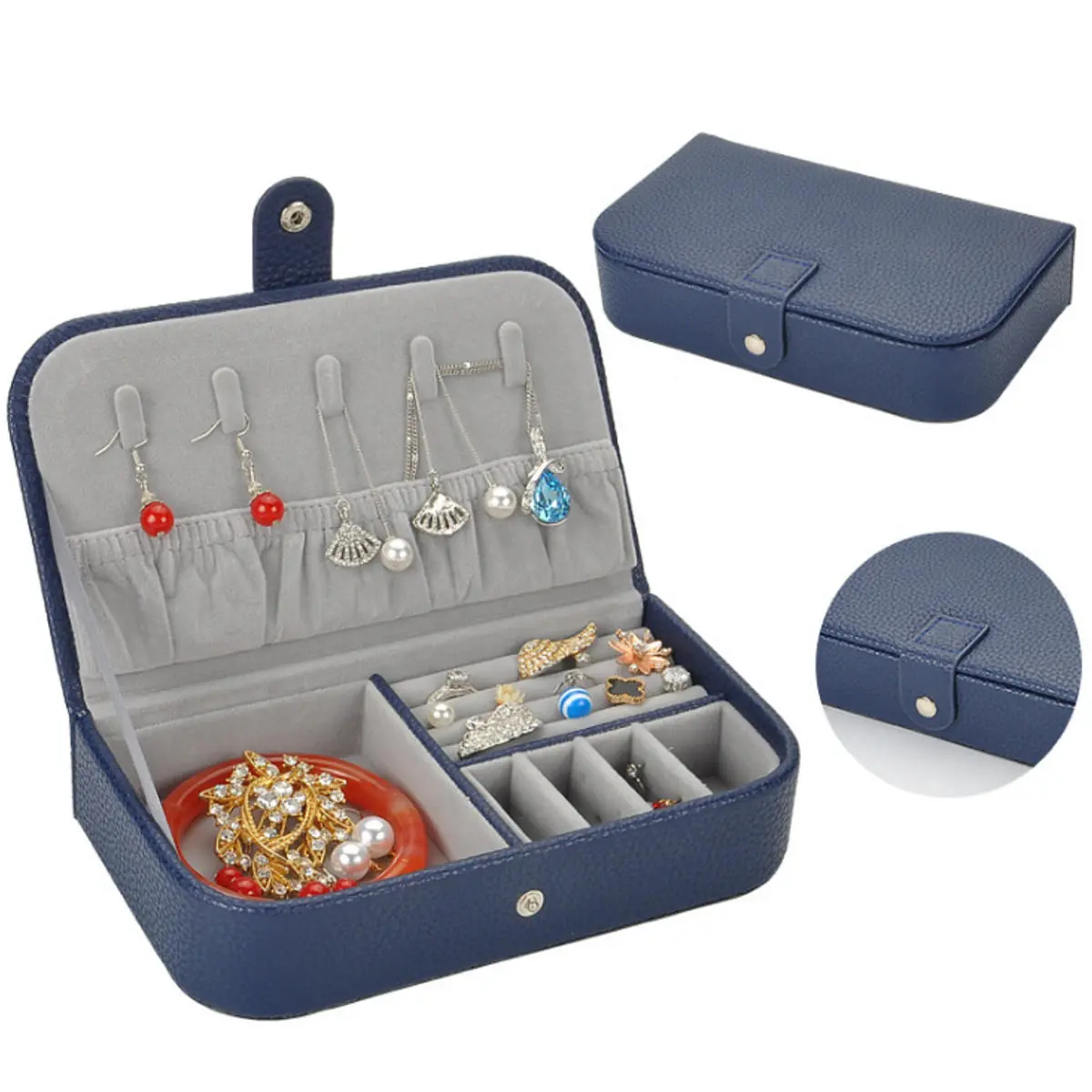 Litchi Pattern Leather Jewelry Box | Portable Monolayer Earrings Storage Case & Travel Organizer - Image 4