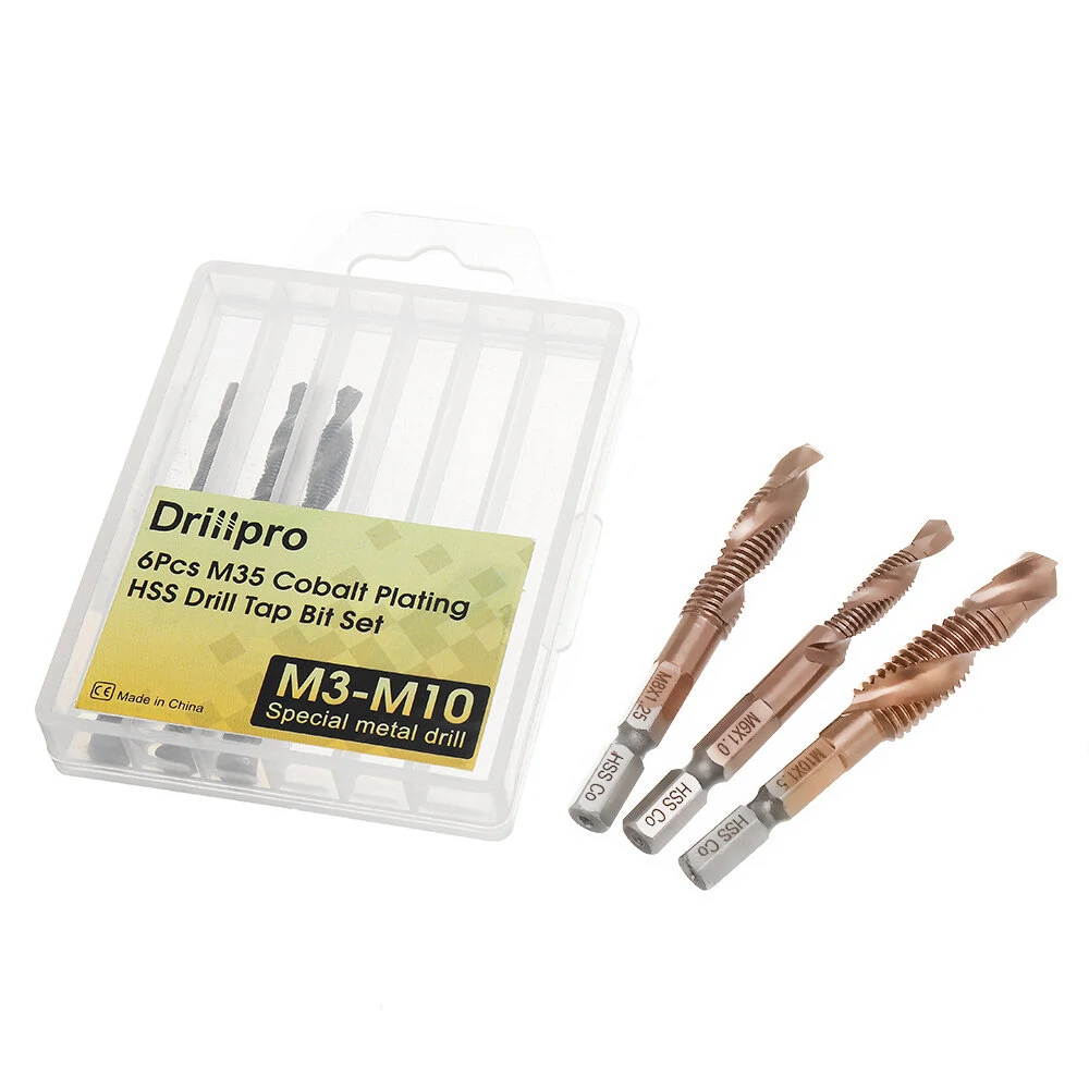 Drillpro M3-M10 Cobalt HSS Drill Tap Bit Set | 6Pcs Spiral Groove Metal Threaded Hole Opener - Image 2
