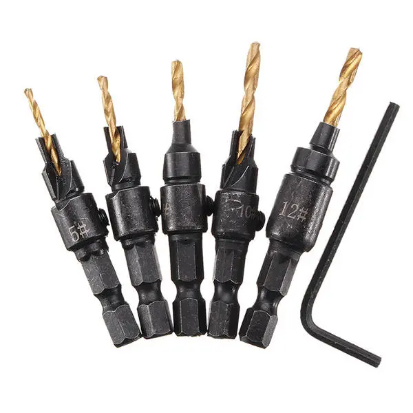HSS Countersink Drill Bit Set - 5pcs 5/6/8/10/12mm Pilot Hole Woodworking Tool