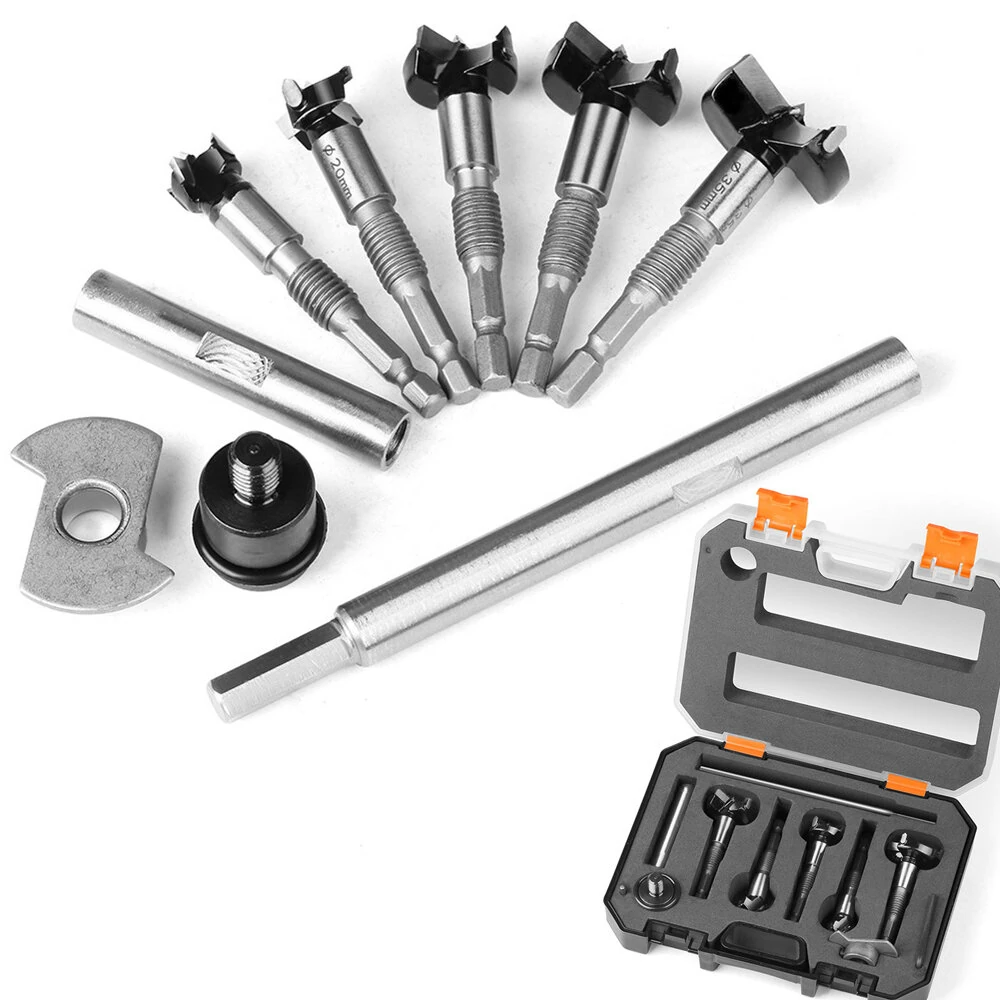 5PCS 7mm Shank Hinge Boring Bit Set | 15-35mm Cutting Diameter | Forstner Woodworking