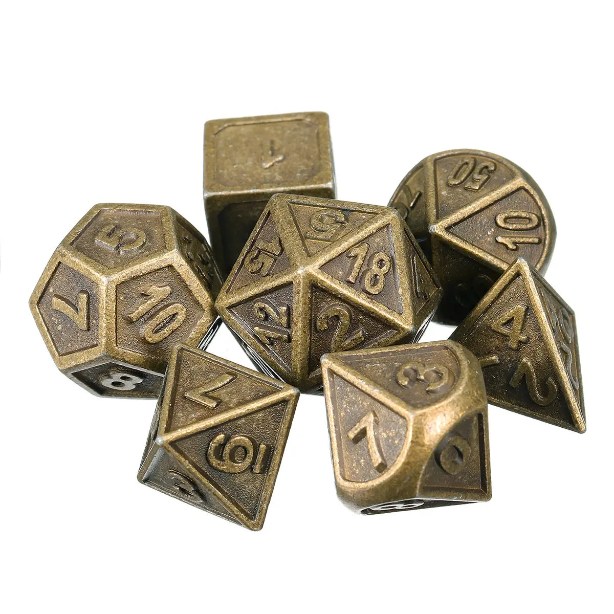 7pcs Embossed Metal RPG Multisided Dices Set - 7 Sides - EDC Gadget | Heavy Duty Bag