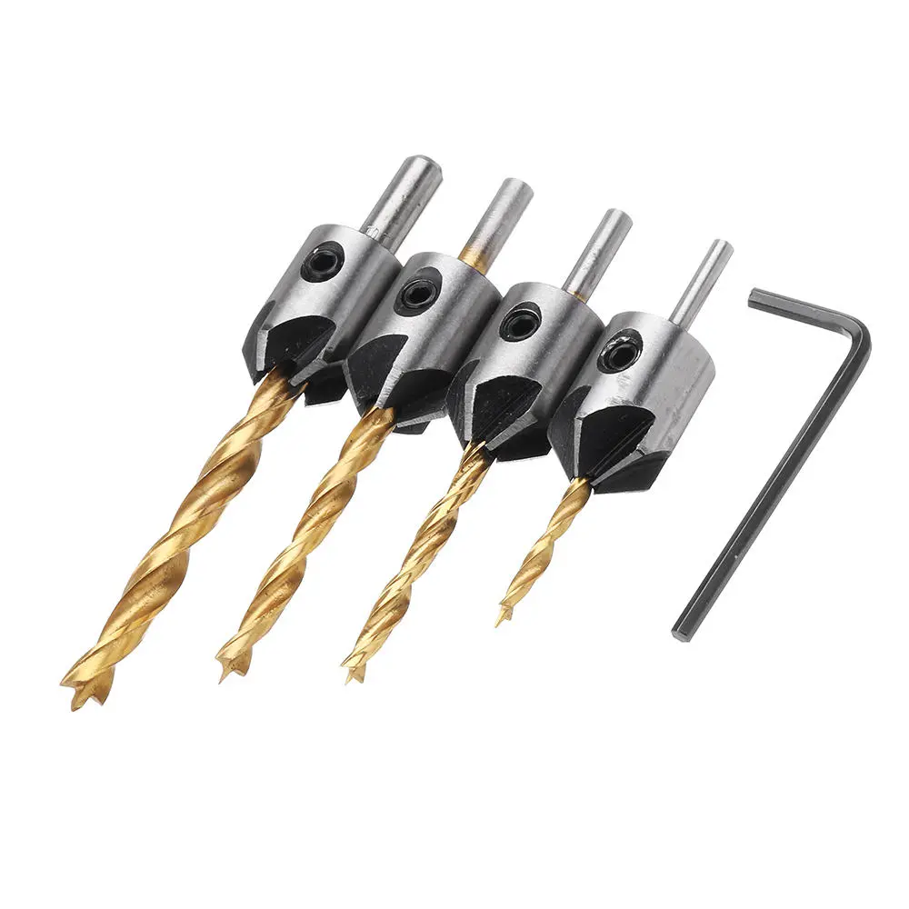 Drillpro 5 Flute Countersink Drill Bit Set - 4pcs 3mm-6mm | Wood Chamfer Reamer