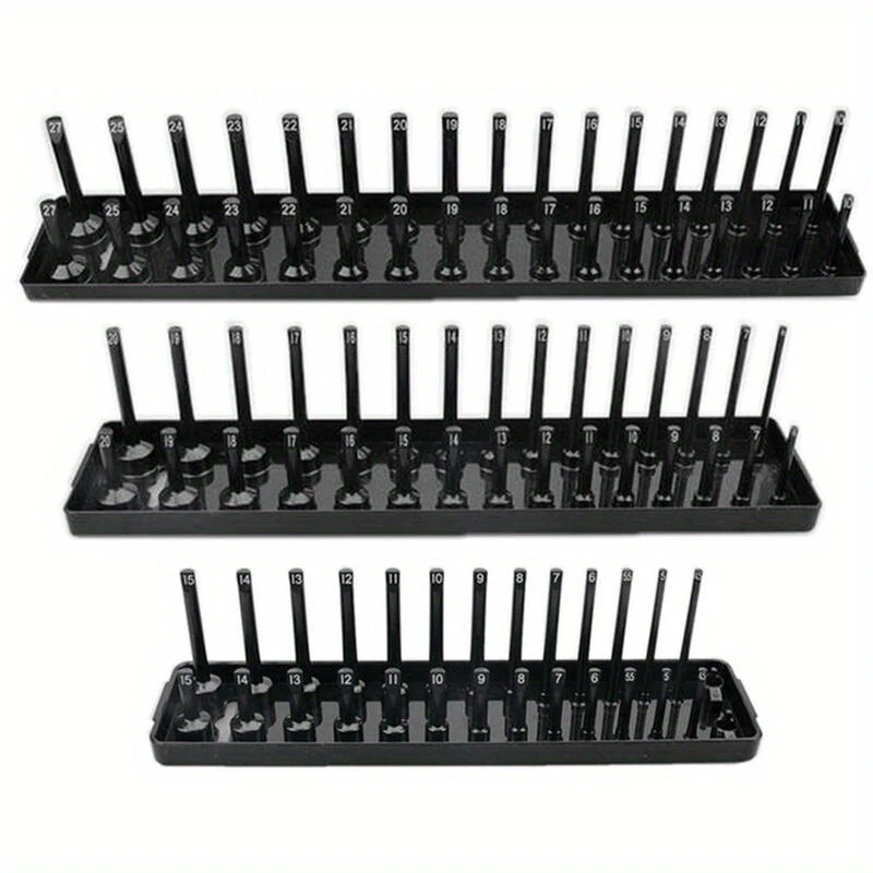 3-PCS Plastic Socket Organizer Tray Set - 1/4 3/8 1/2 Inch Metric/Imperial - Red/Black