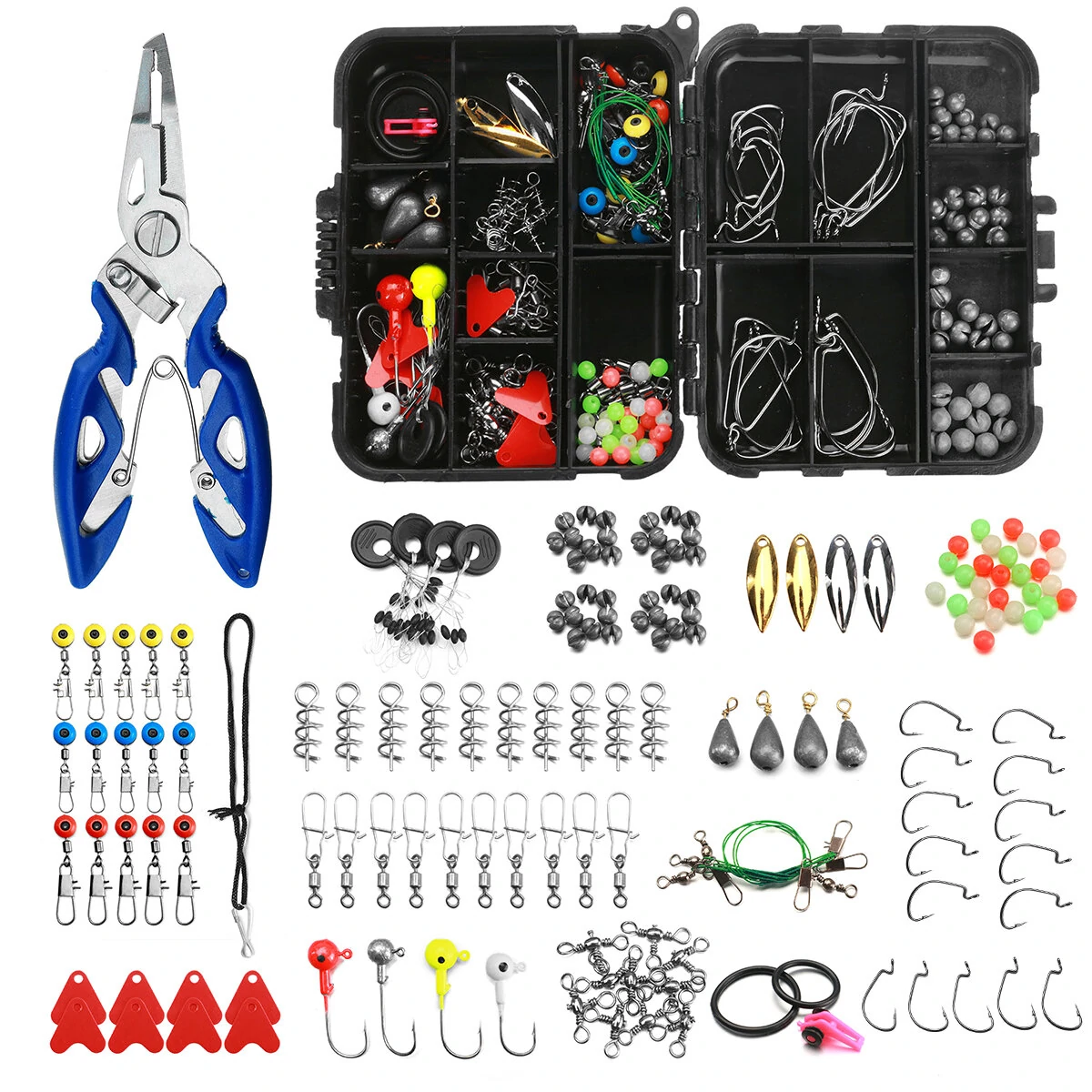 188Pcs Fishing Accessories Kit with Tackle Box, Pliers, Hooks & Swivels