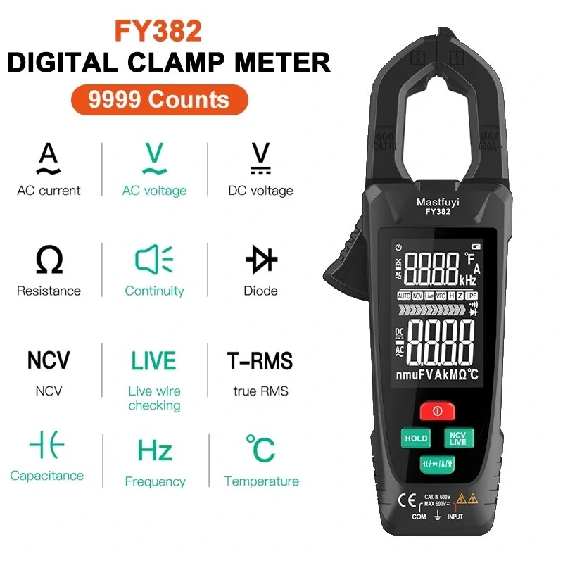 FUYI FY382 Digital Clamp Meter | 9999 Counts, Auto Range AC Voltage Current