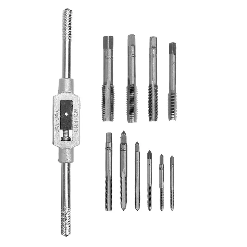 Drillpro M3-M12 Adjustable Tap Spanner with 10pc Hand Tap Set | Screw Threading Tool