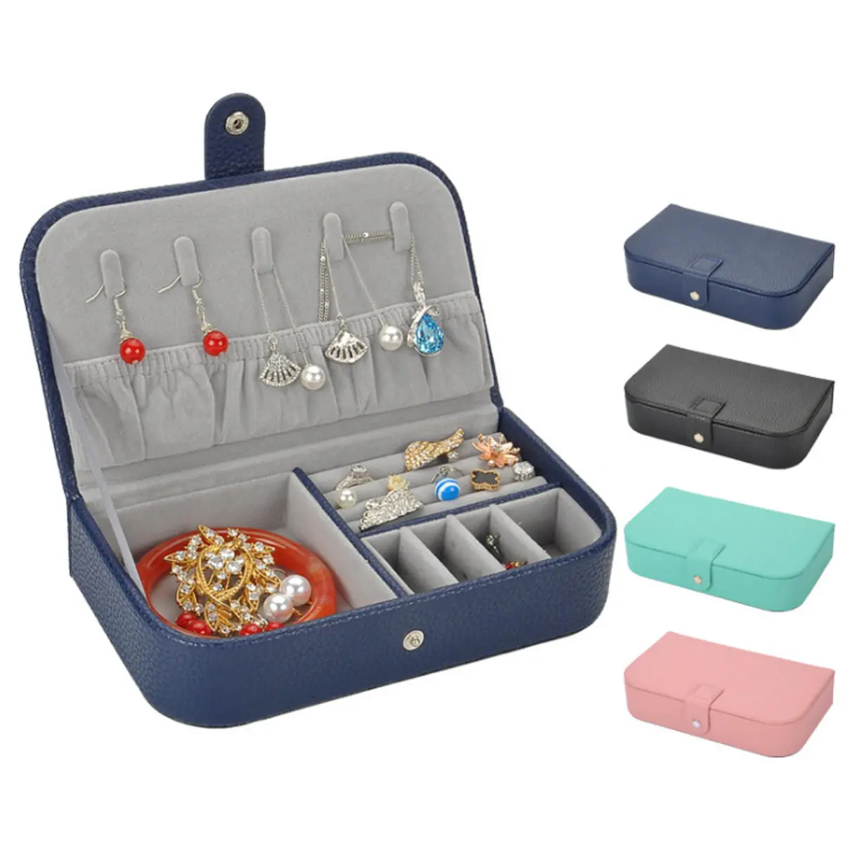 Litchi Pattern Leather Jewelry Box | Portable Monolayer Earrings Storage Case & Travel Organizer