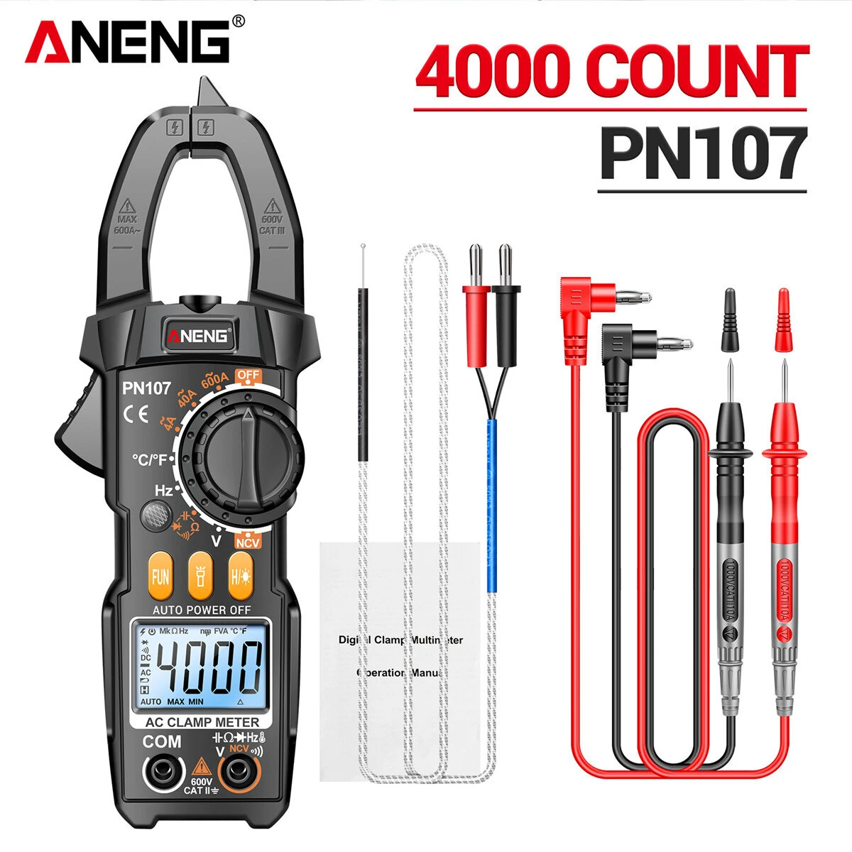 ANENG PN107 Clamp Meter - AC/DC Voltage Current Tester | Measures Temp, Capacitance, Hz