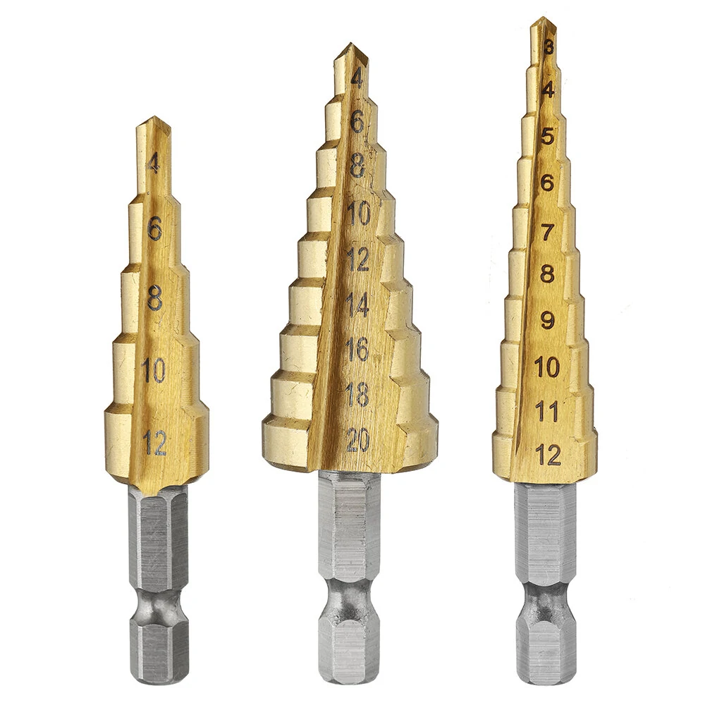 Drillpro 3Pcs HSS Titanium Step Drill Bit Set | 1/4 Inch Hex | 3-12mm & 4-20mm