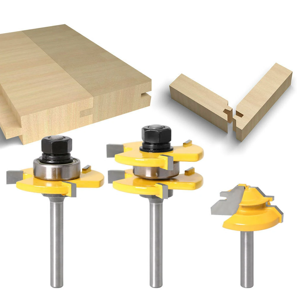 3Pcs 6mm 1/4 Shank Tongue & Groove Router Bit Set | 45 Degree Lock Miter | Wood Cutting