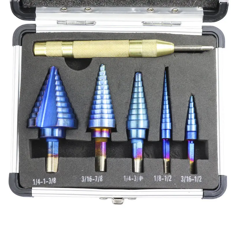 HSS Nano Blue Coated Step Drill Bit Set - 6Pcs with Center Punch | Hole Cutter