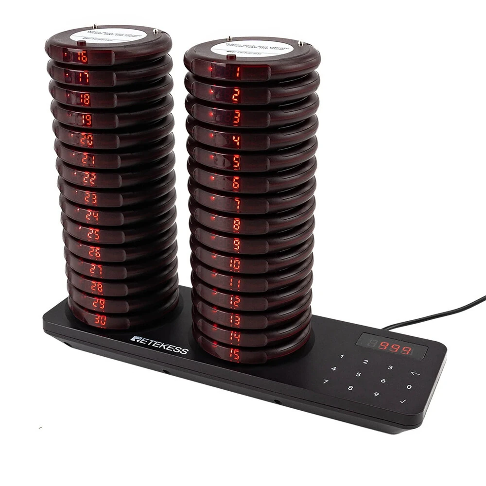 Retekess Wireless Pager System - 20/30 Pcs, 500m Range, IP33 Waterproof, 31 Prompt Modes