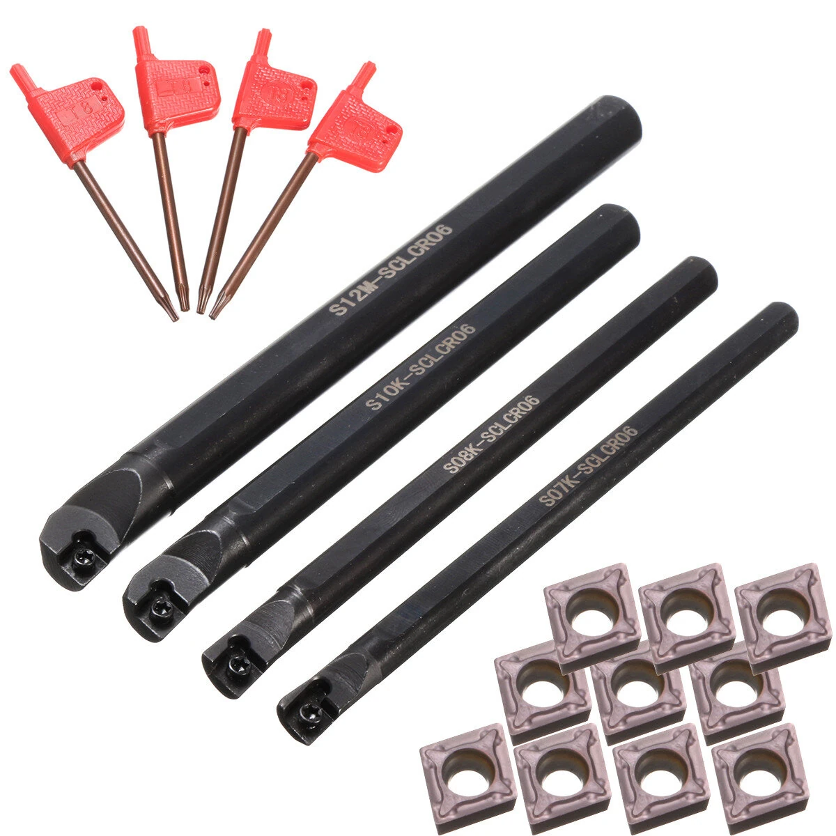 SCLCR06 Lathe Boring Bar Set - 4pcs 7/8/10/12mm with 10 CCMT0602 Inserts